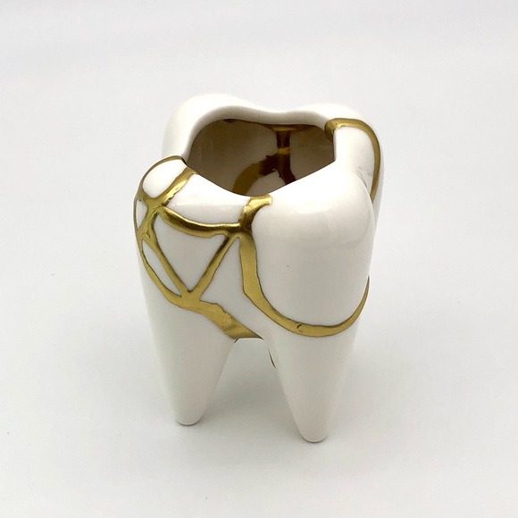 Kintsugi Planter Ceramic Tooth Gold Crack Dental Art Growth Gift Dentist - Picture 6 of 13